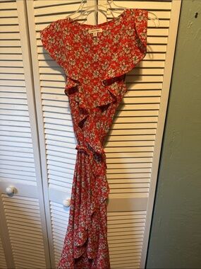 Red Floral Ruffle Maxi Dress by max studio